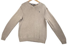 Vintage Polo Ralph Lauren Sweater Mens Medium Beige V Neck Cotton Knit Pullover