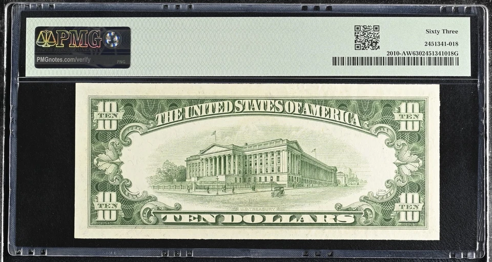 $10 1950 FEDERAL RESERVE NOTE Boston FR 2010-AW PMG 63 RARE Wide Reverse - Image 2 of 2