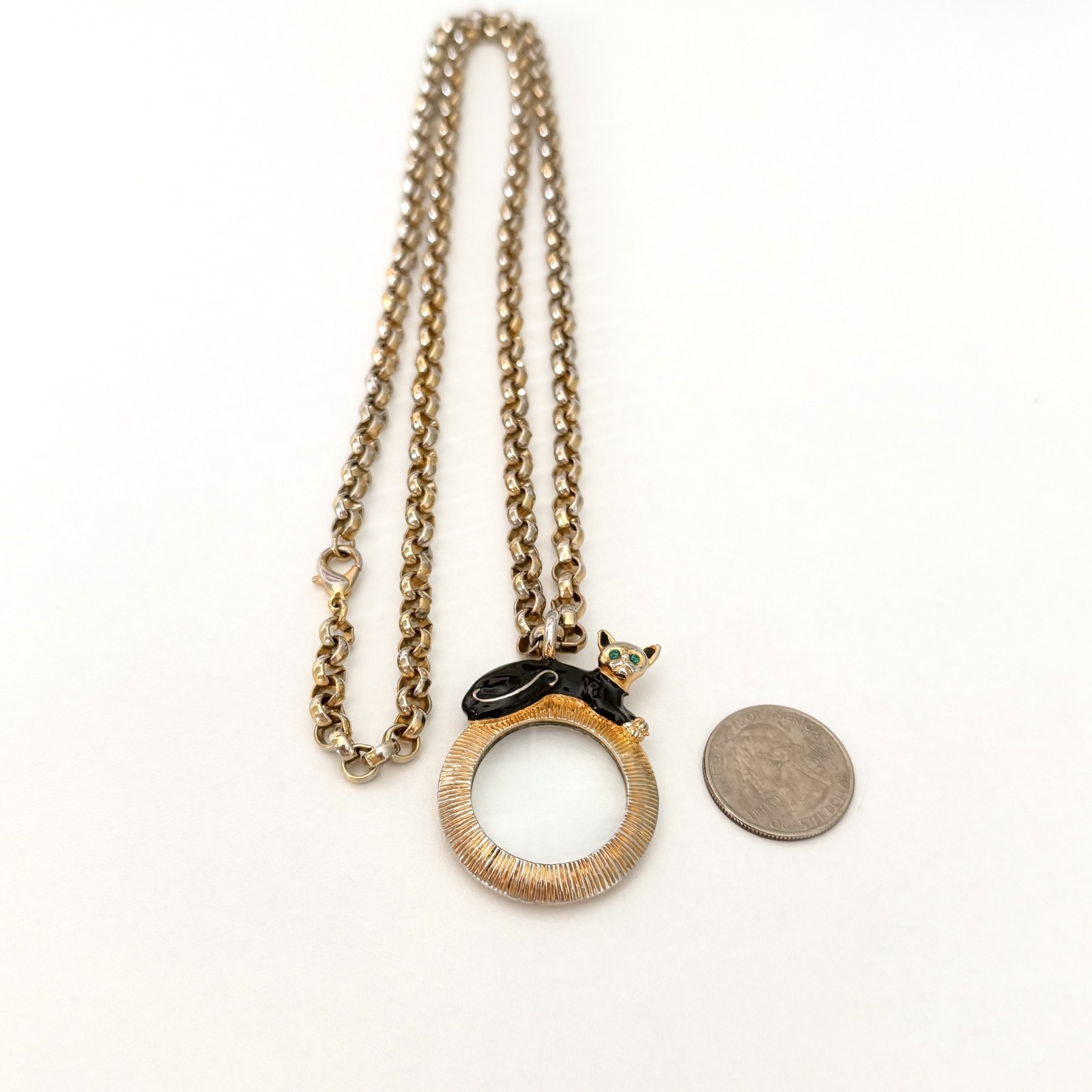 Vintage Rare Carolee Black Kitty Cat Enamel Magnifying Glass Chunky Necklace image 3