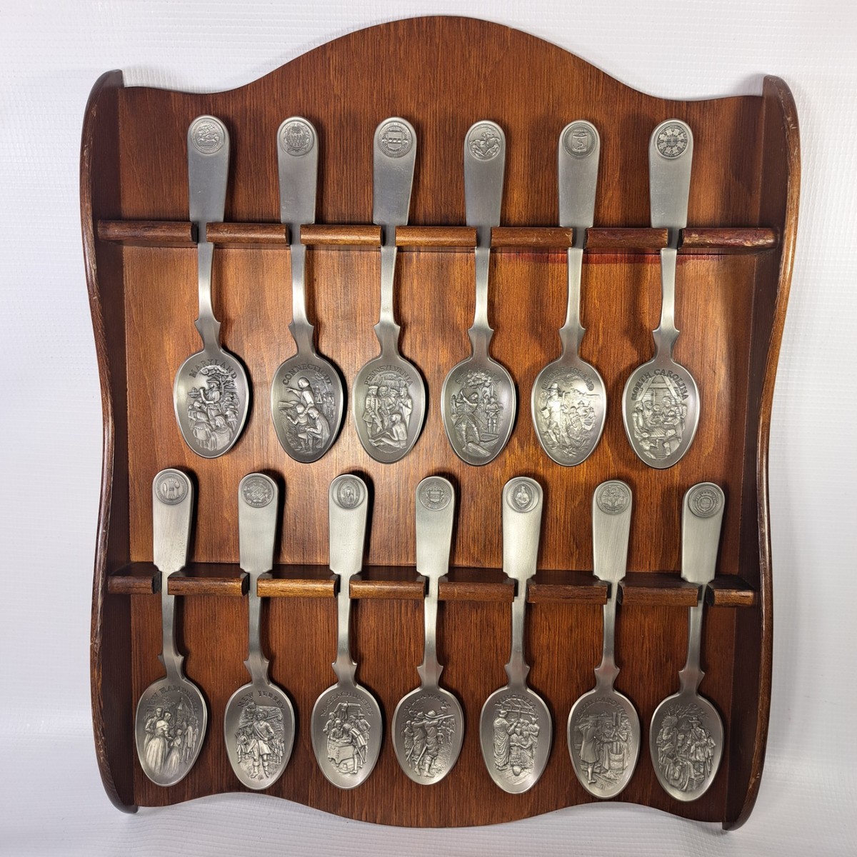 Franklin Mint Original 13 Colonies Pewter Spoon Set w/Wood Display