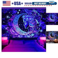 Blacklight UV Reactive Wall Art - Moon and Star Tapestry, Sun Mandala Tapestr...