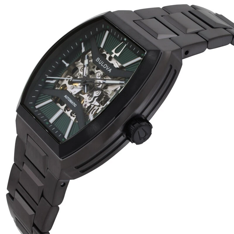 BULOVA MAQUINA MEN'S AUTOMATIC GREEN SKELETON DIAL EXHIBITION BACK WATCH 98A321 image 8