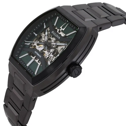BULOVA MAQUINA MEN'S AUTOMATIC GREEN SKELETON DIAL EXHIBITION BACK WATCH 98A321 image 8