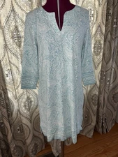 Coolibar Womens Oceanside Tunic Dress M Light Blue Paisley UPF 50 3/4 Sleeve