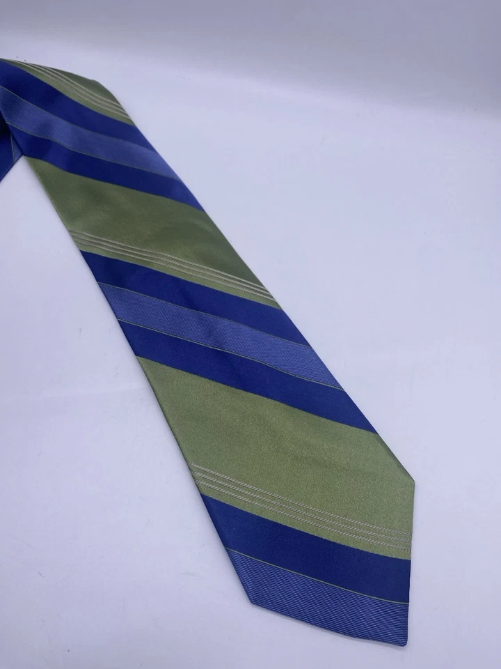 Corbata Merona Azul Verde Seda Diagonal Repp Rayas Preppy Y2K Carrera Invitada de Boda Foto 3 de 4