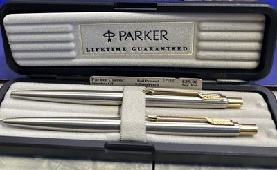 Vtg Parker Classic Arrow Stainless Steel Gold Trim Ballpoint Pen & Pencil Set