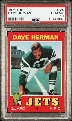 1971 Topps Football Dave Herman ROOKIE #124 PSA 10 NEW YORK JETS GEM MINT POP 2