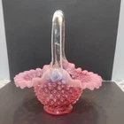 Fenton Vintage Cranberry Opalescent Hobnail Ruffle Edge Basket 8” High