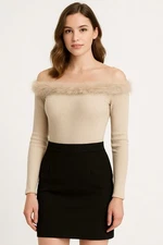 Sweet Rain Women’s Off Shoulder Fuzzy Trim Ribbed Long Sleeve Bodysuit  Beige XL