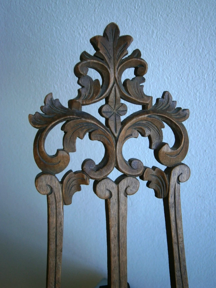 Petit Chevalet pliant Porte photo c-1900 Bois Noyer sculpté 33cm Ancien - Photo 4/4