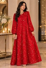 Women’s Red Gold Star Print Maxi Dress 2xL Round Neck Puff Sleeve Back Zip