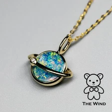 Earth Moon Design Australian Opal & Diamond 14K Yellow Gold Pendant Necklace