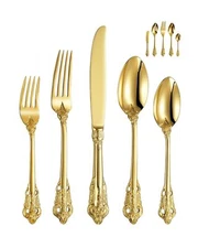 KEAWELL Gorgeous 65 Piece Gold Flatware Sets, Heavy Tableware Antique Gold Fl...