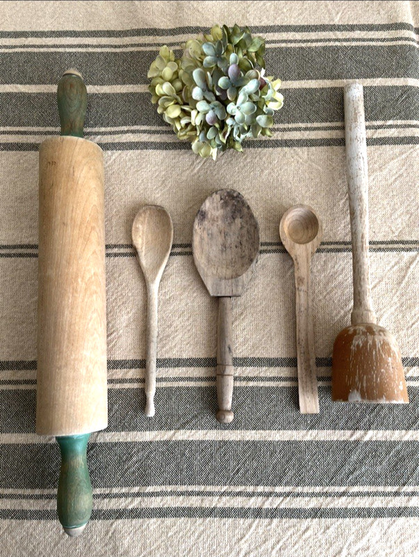 Farmhouse Primitive Munising Maple Wood RollingPin Food Masher Handcarved Spoons