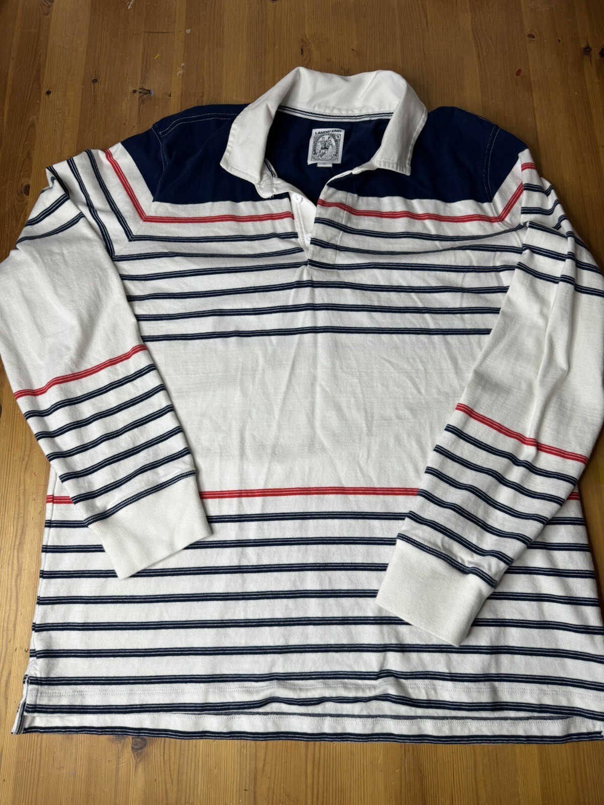 Lands’ End Rugby Shirt Men’s XL 4648 Navy Blue Ivory Striped 100