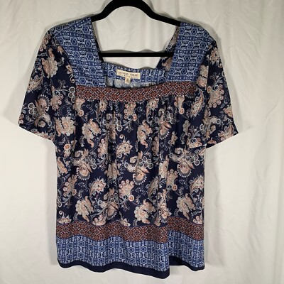 Alchemy Thread Blouse Women's Medium Blue Floral Square Neck Short Sleeve Top