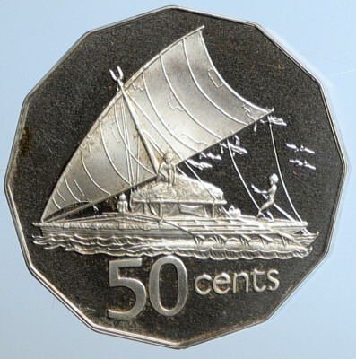1976 FIJI Queen Elizabeth II NATIVE CANOE Old Proof Silver 50