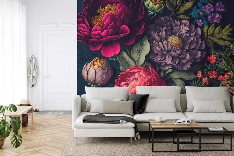 Blooming Peonies Floral Baroque Wallpaper Mural Removeable Washable Peel & Stick - Image 2 of 4