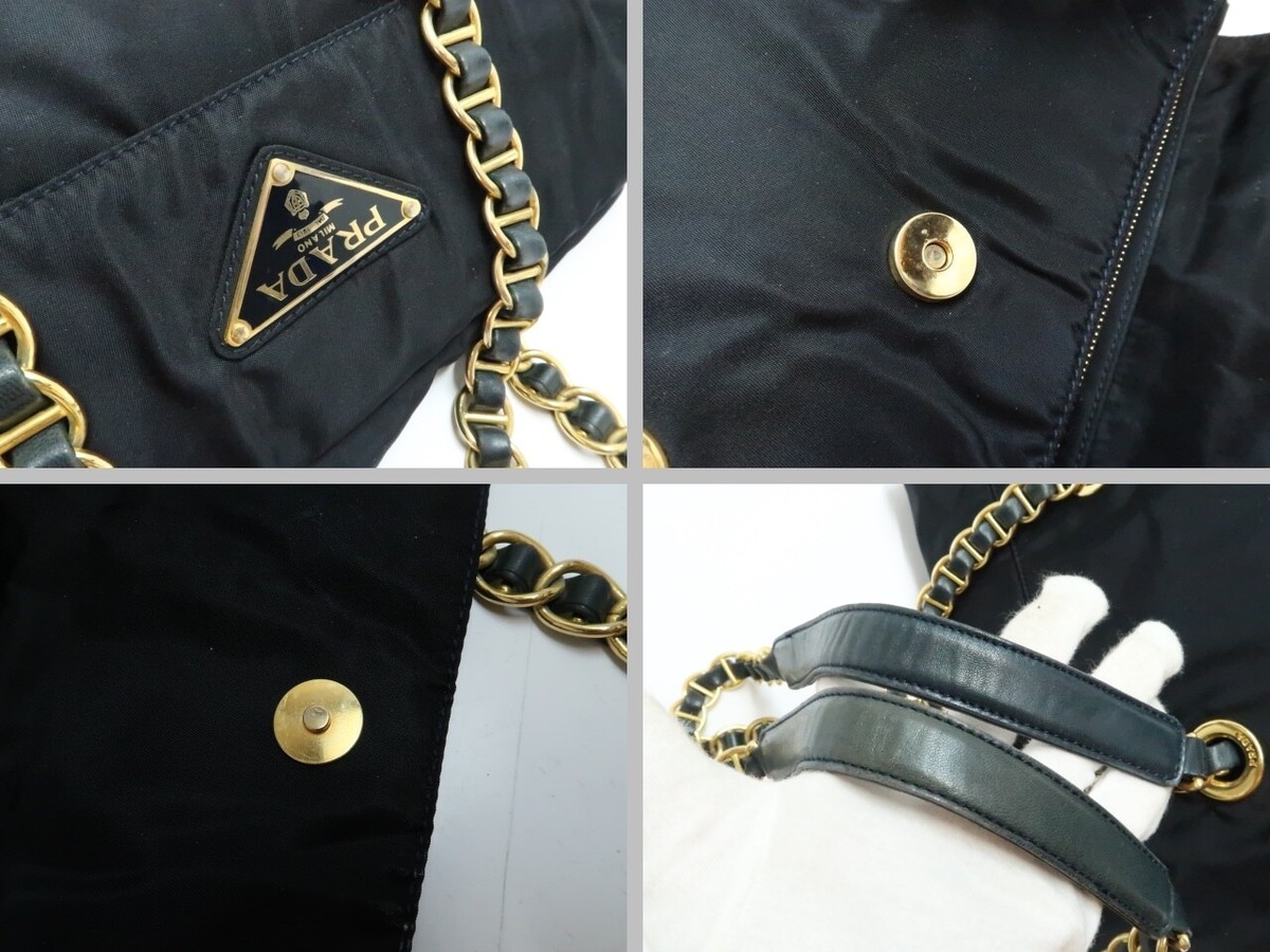 Auth PRADA Vintage 90's Nylon Leather Chain Shoulder bag