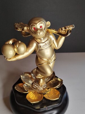 Vintage Bronze Golden Monkey With Ruby Eyes Diamonds Feng