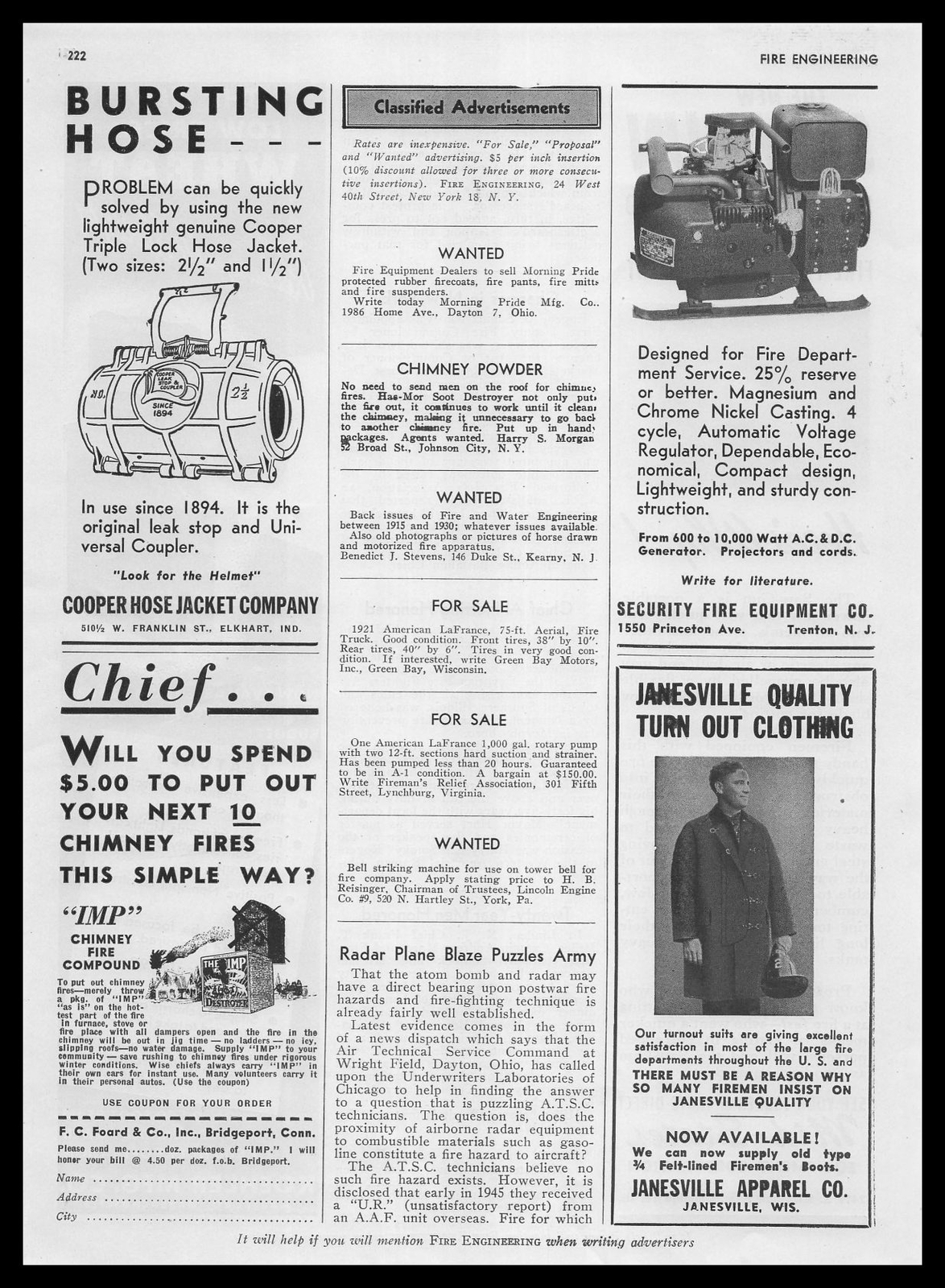 1946 Cooper Hose Jacket Elkhart Indiana Triple Lock Fire Hose Jackets