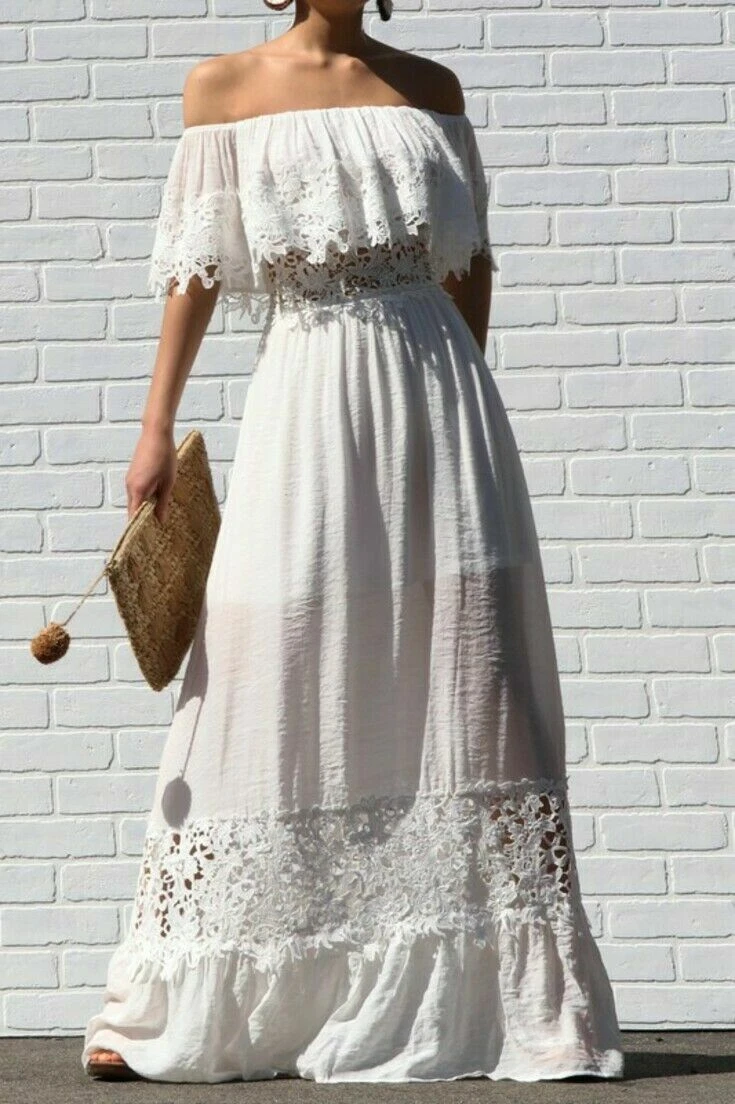 White crochet off top the shoulder dress