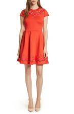 TED BAKER Bright Red Mesh Lace Embroidered Pleated Skater Dress 1 TB = 4 US = S