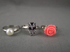 Peach Rose bird hoot OWL faux pearl set of 3 cocktail ring adjustable