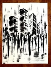 Original Abstract Cityscape Painting 24x18” Acrylic on Paper Ready To Frame Art