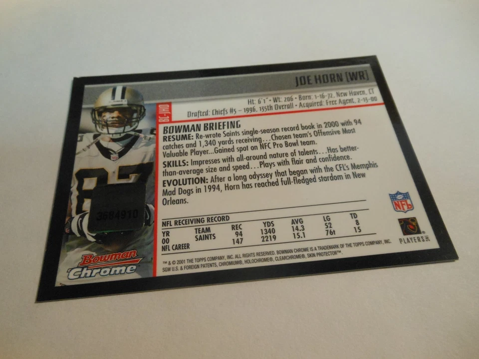 RARO 2001 Joe Horn Bowman cromo autógrafo refractor *BONITO* Foto 3 de 3
