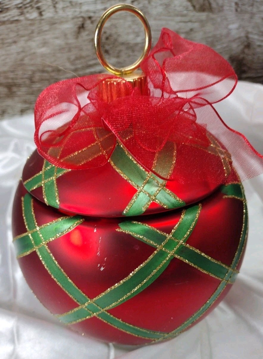 Christmas Bulb Ornament Candy Treat Jar FTD Floral Red Green Gold 5"