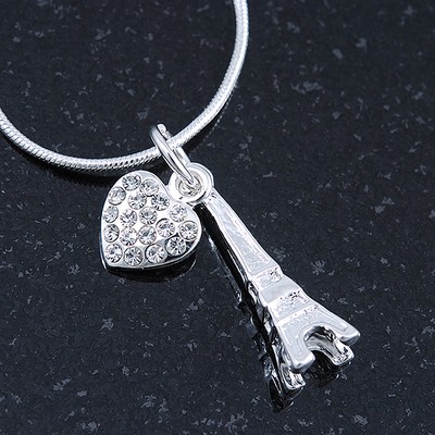 Crystal Eiffel Tower & Heart Pendant With Silver Tone Snake Chain - 40cm