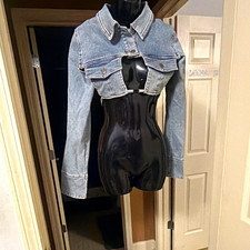 Collection Women's L Cropped Short Jacket Light Wash Blue Button Front Tie Back