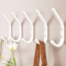 Wall Hooks for Hanging Coats - 5 Pack White 3.2 Double Hook Design, Hat Organ...