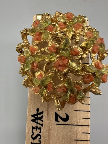 Vintage Brooch Pin Gold Tone Olive Green and Pink Rhinestone - Picture 3 of 3