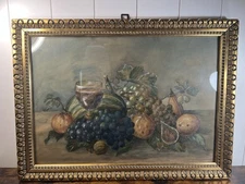 Antique 1909 German Still Life Water Color Painting Fruit Grapes Folk Art