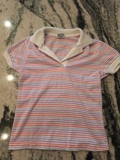 Vtg 80s Garan Kids Polo Shirt Size 8 Pastel Striped Rainbow Made in USA Cotton