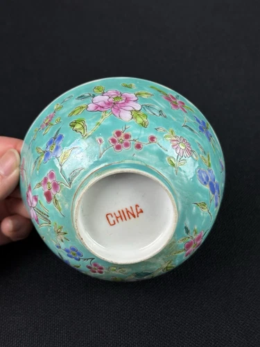 Vintage Chinese Famille Rose Turquoise Ground Floral Bowl - Hand Painted