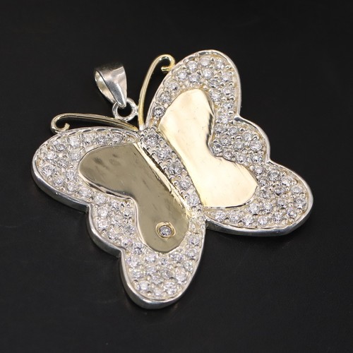 STERLING SILVER DOUBLE BUTTERFLY PAVE CZ PENDANT