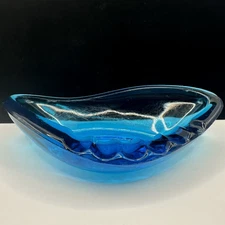 Blue LE Smith Glass MCM Ashtray Boomerang Colonol Blue Vintage USA