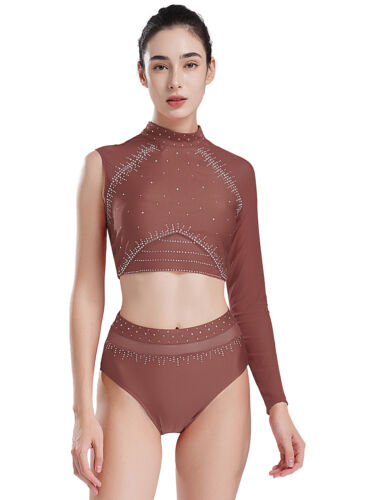 Women Crop Top Dance T-shirt Athletic Tops Lyrical Blouse Rhinestones Dancewear - Picture 31 of 68