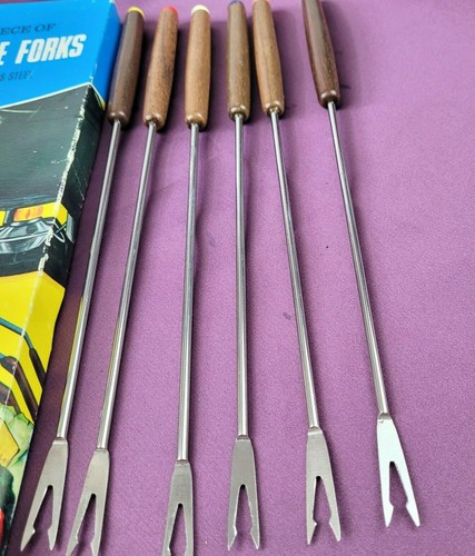 6 Pezzi Forchette per Fonduta Acciaio Inox Codificato Colore Manico Legno Utensili in Scatola - Foto 3 di 3