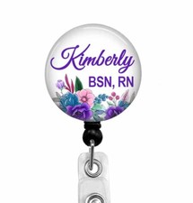 BSN, RN Nurse Personalized Badge Reel ID Holder With Pretty Floral Design, 949L