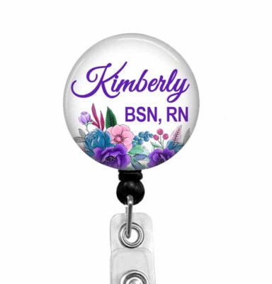 BSN, RN Nurse Personalized Badge Reel ID Holder With Pretty Floral Design, 949L