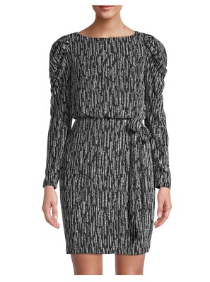 aidan mattox mini dress Aidan Mattox Metallic Black Knit Puff-Sleeve Mini Dress