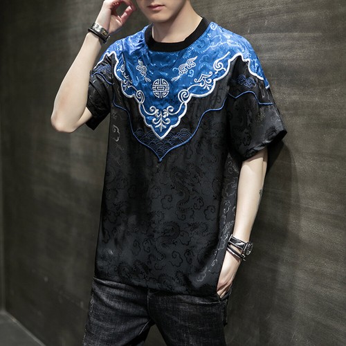 Mens Dragon Pattern Short Sleeve T-shirt Tops Tee Shirt Crew Neck Ethnic - Picture 6 of 14