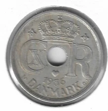 1936 Danmark/Denmark, 25 ORE (øre), 22mm Coin, As Shown