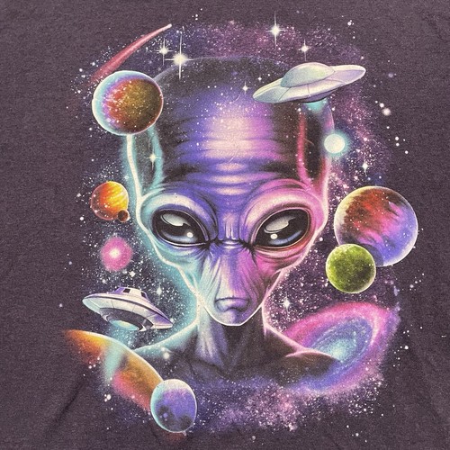 Vintage Alien Planets Mens Large Outer Space Galaxy Stars T-Shirt Purple Retro - Picture 2 of 7
