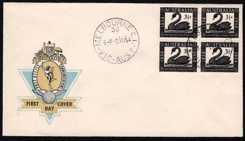 1954 WEST AUSTRALIA BLOCK OF 4 ON POST OFFICE HERMES FIRST DAY COVER UNADDRESSED