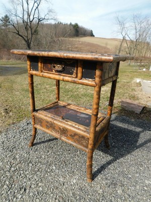 Fanciest C1870 Antique Victorian Bamboo Sewing Box Work Desk Table